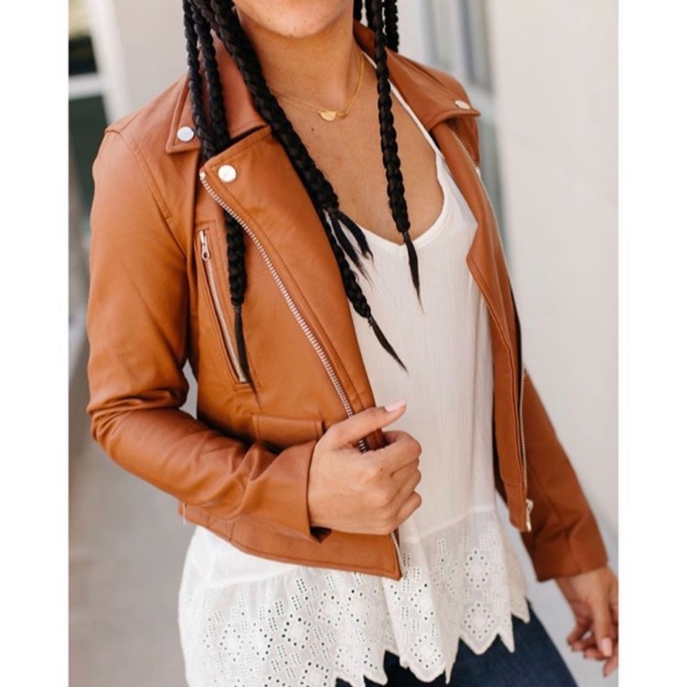 Love Tree Women's Faux Leather Moto Jacket in Cognac Brown